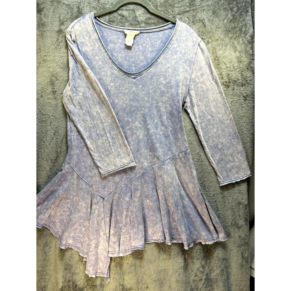 For The Republic Blue Acid Wash Knit V-Neck A-Line Long Sleeve Dress S
